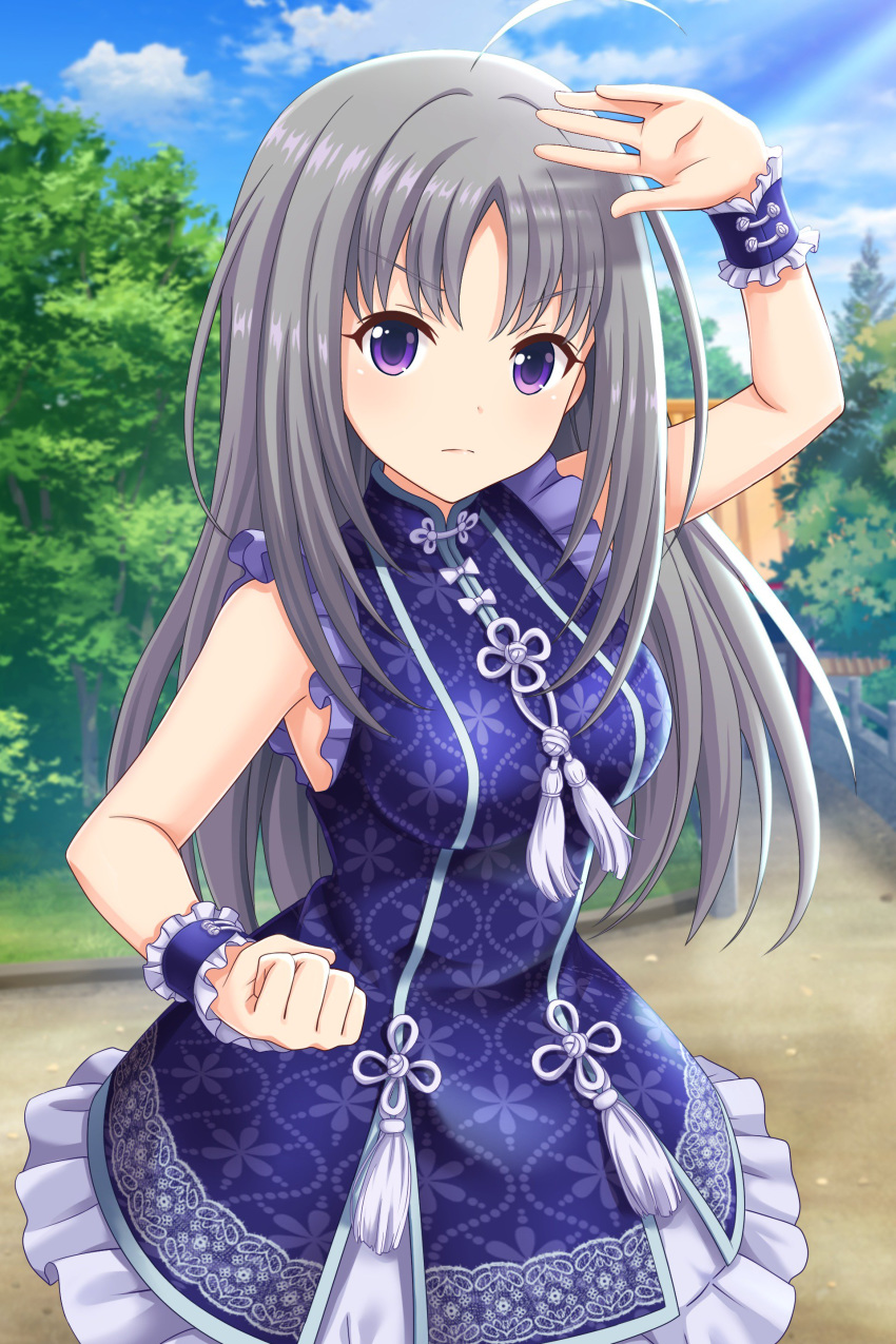 &gt;:( absurdres ahoge alternative_girls bangs bare_shoulders breasts chinese_clothes closed_mouth cloud cloudy_sky cowboy_shot day dress fighting_stance frilled_dress frills grey_hair highres kira_sayuri long_hair looking_at_viewer medium_breasts official_art outdoors parted_bangs purple_dress purple_eyes sky standing wrist_cuffs