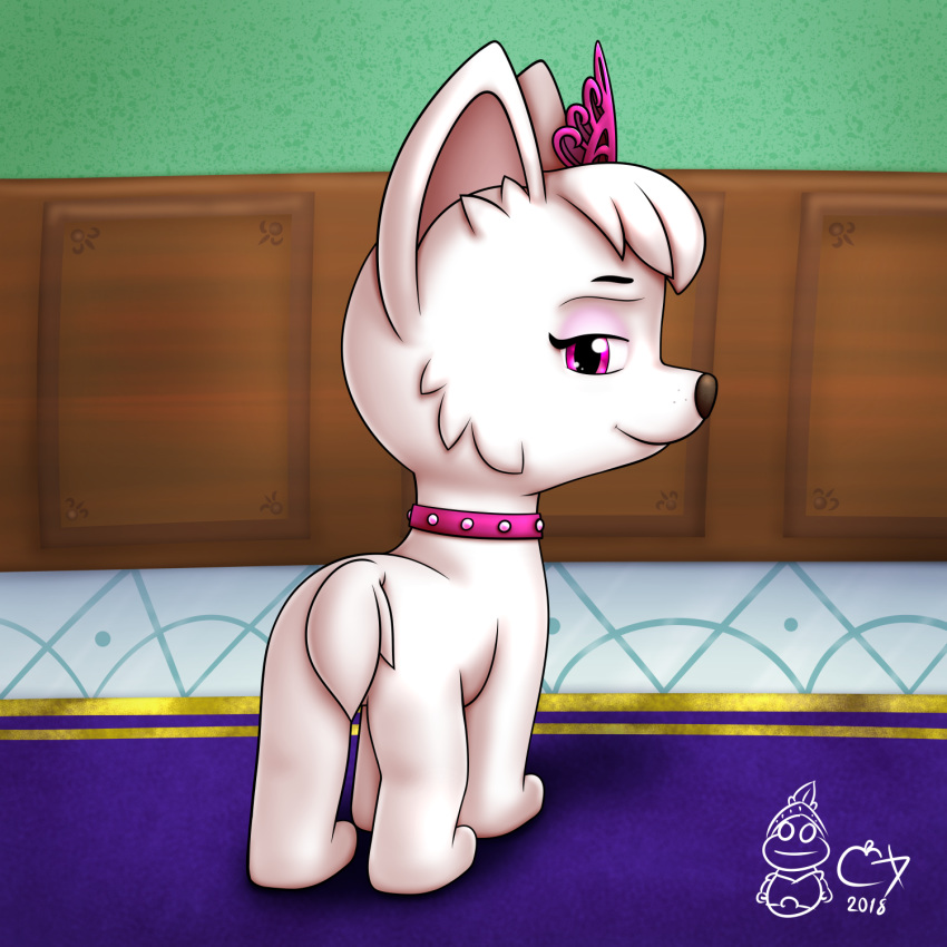 applestar21_(artist) canine collar crown cub dog female feral fur looking_at_viewer looking_back mammal paw_patrol pink_eyes sweetie_(paw_patrol) young