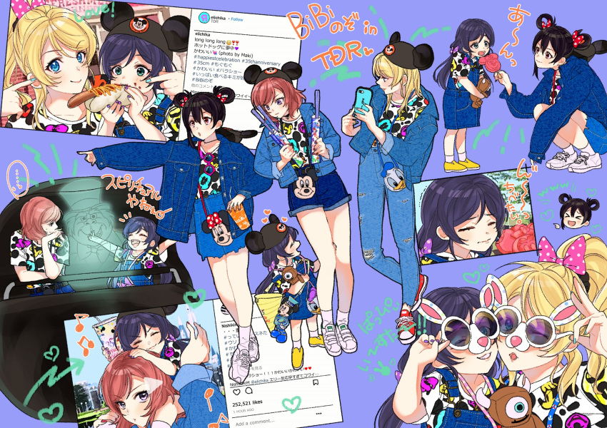 \o/ ^_^ arms_up ayase_eli bibi_(love_live!) black_hair black_nails blonde_hair blue_eyes blue_jacket blue_nails blue_shorts bow candy carrying cellphone child chin_rest closed_eyes denim denim_jacket denim_shorts disney disneyland doll donald_duck dress eating food funny_glasses glasses green_eyes hair_bow hair_down hair_rings heart highres holding holding_phone hot_dog instagram jacket jeans laughing lollipop long_hair long_sleeves love_live! love_live!_school_idol_project medium_hair mickey_mouse mickey_mouse_ears multiple_girls multiple_views musical_note nail_polish nishikino_maki outstretched_arms overall_skirt pants phone piggyback pinafore_dress pink_bow pointing polka_dot polka_dot_bow polka_dot_shirt ponytail purple_bow purple_hair purple_nails red_bow red_eyes red_hair shirt shoes short_sleeves shorts smartphone sneakers socks squatting standing taking_picture time_paradox torn_clothes torn_jeans torn_pants toujou_nozomi translation_request twintails white_footwear white_legwear yazawa_nico yellow_footwear younger zawawa_(satoukibi1108)