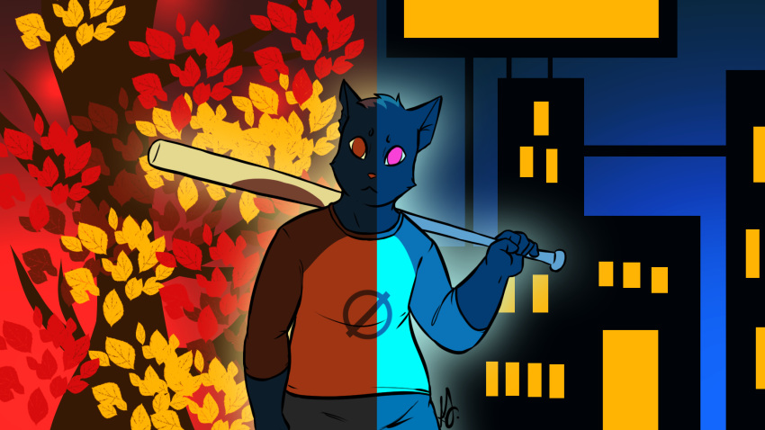 abstract_background autumn baseball_bat city cityscape clothed clothing hair kitterjitters looking_at_viewer mae_(nitw) night_in_the_woods short_hair