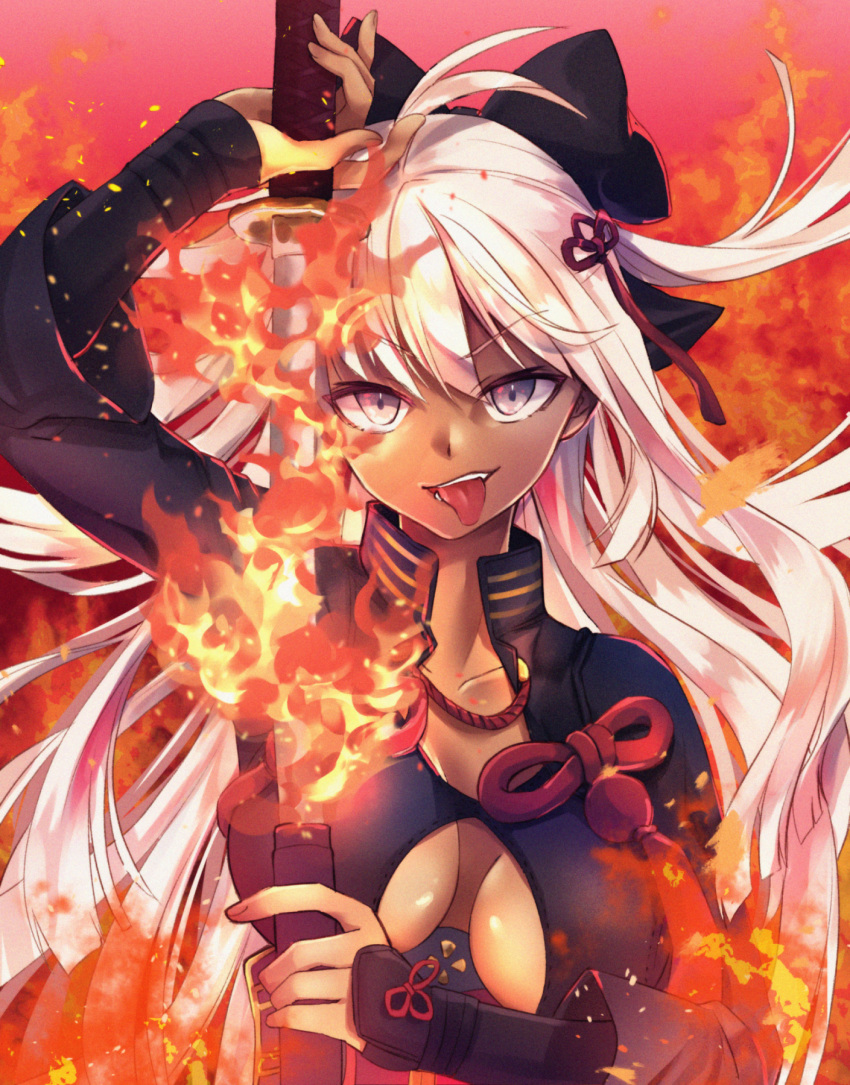 ahoge arm_guards arm_up bangs black_bow black_coat bow breasts breasts_apart cleavage_cutout collarbone commentary_request eyebrows_visible_through_hair fate/grand_order fate_(series) fingernails fire floating_hair grey_eyes hair_between_eyes hair_bow hair_ornament high_collar highres holding holding_sheath holding_sword holding_weapon katana large_breasts long_hair long_sleeves looking_at_viewer nekomiya_noru_(yuduki710) okita_souji_(alter)_(fate) okita_souji_(fate)_(all) open_mouth red_background scabbard sheath smirk solo sword tassel tongue tongue_out tsurime unsheathing upper_body v-shaped_eyebrows weapon white_hair wind