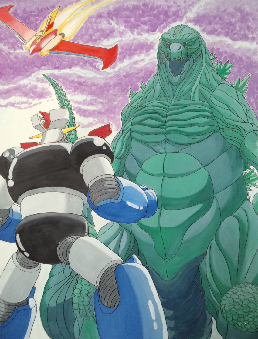 character_request commentary_request copyright_request creature crossover emperor_majin_z_(artist) godzilla godzilla:_planet_of_the_monsters godzilla_(series) godzilla_earth highres kaijuu mazinger_z mazinger_z:_infinity mazinger_z_(mecha) mecha monster robot size_difference super_robot tail traditional_media