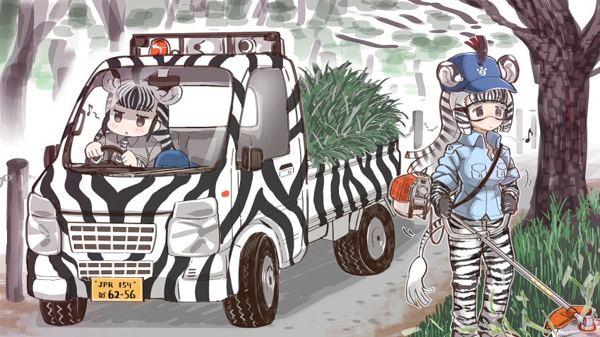 adapted_costume animal_ears animal_print black_gloves black_hair blue_shirt breast_poke brown_eyes collared_shirt commentary driving eighth_note extra_ears gloves goggles grevy's_zebra_(kemono_friends) grey_shirt ground_vehicle hat kemono_friends lawnmower license_plate long_hair long_sleeves motor_vehicle multicolored_hair multiple_girls musical_note necktie outdoors plains_zebra_(kemono_friends) poking shirt short_over_long_sleeves short_sleeves steering_wheel suzuki_carry tail tanaka_kusao tree truck two-tone_hair weeds white_hair zebra_ears zebra_girl zebra_print zebra_tail