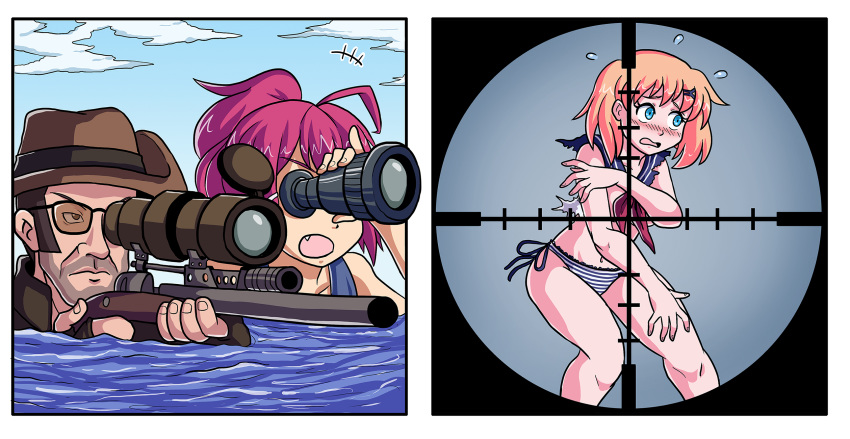 1boy 2girls 2koma blush cloud comic commentary convenient_censoring crossover day english_commentary fang gun hair_ornament hat highres historical_event i-168_(kantai_collection) ian_dimas_de_almeida kantai_collection meme multiple_crossover multiple_girls no_gloves no_hat no_headwear no_legwear open_mouth panties partially_submerged red_hair rifle sailor_collar scope sniper_rifle striped striped_panties sunglasses sweat team_fortress_2 the_sniper torn_clothes trait_connection underwear wavy_mouth weapon yorktown_(zhan_jian_shao_nyu) zhan_jian_shao_nyu