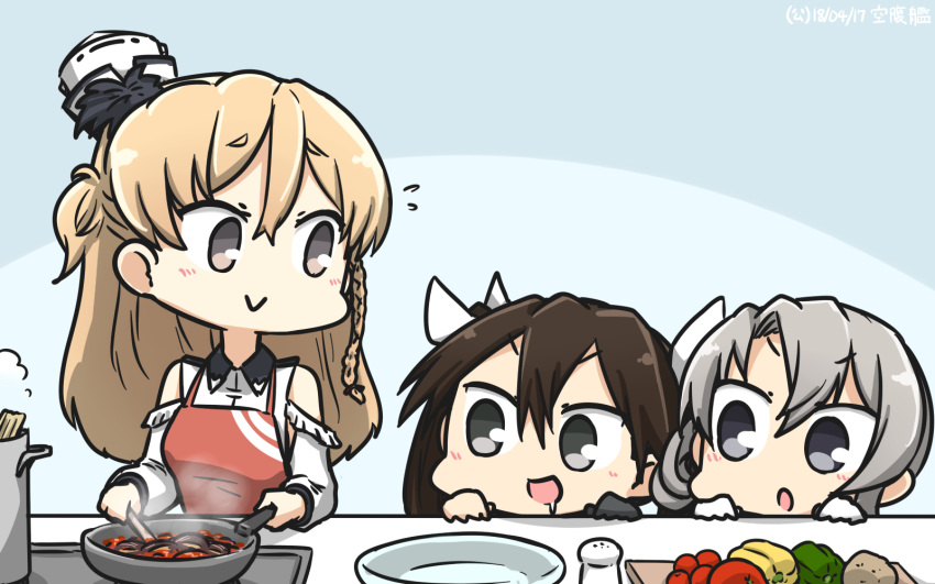 :d apron black_eyes black_gloves brown_hair chibi commentary_request cooking dated drooling food gloves grey_eyes hamu_koutarou hat highres kantai_collection long_hair mini_hat multiple_girls nowaki_(kantai_collection) open_mouth purple_eyes red_apron short_hair silver_hair single_glove smile tilted_headwear tone_(kantai_collection) v-shaped_eyebrows white_gloves white_hat zara_(kantai_collection)