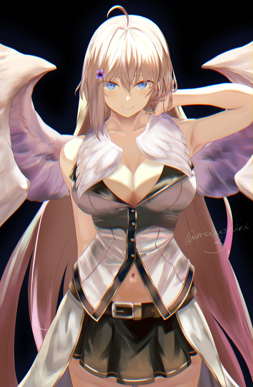 absurdres ahoge angel_wings armpits bare_shoulders belt black_background black_skirt blonde_hair blue_eyes breasts chromatic_aberration chromatic_aberration_abuse cleavage closed_mouth commentary_request cowboy_shot feathered_wings flower gold_trim hair_flower hair_ornament hand_behind_head highres large_breasts long_hair maoushiori3 miniskirt mole mole_under_mouth navel original shirt skirt sleeveless smile twitter_username very_long_hair white_shirt wings