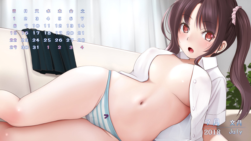 breasts brown_hair calendar couch erect_nipples kozue_akari long_hair navel no_bra open_shirt original panties red_eyes striped_panties twintails underwear waifu2x