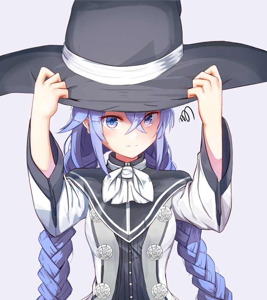 absurdres black_hat blue_eyes blue_hair braid grey_background hair_between_eyes hands_on_headwear hat hat_ribbon highres long_hair looking_at_viewer mushoku_tensei ribbon roxy_migurdia simple_background solo sugar_(dndi888) twin_braids twintails upper_body very_long_hair white_neckwear white_ribbon witch_hat