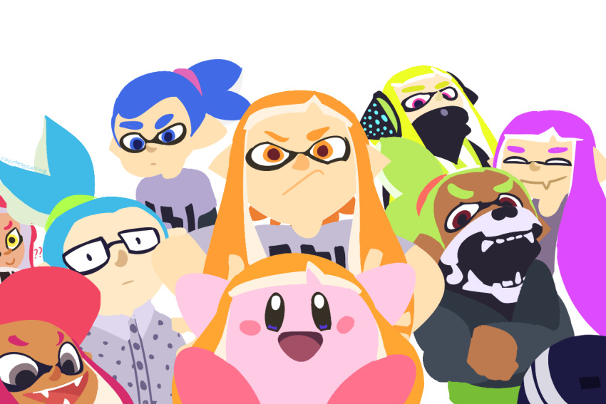 5girls :d ?? aqua_hair bandana bandana_over_mouth baseball_cap beanie blue_eyes blue_hair blush_stickers closed_eyes copy_ability courtesycalling crossed_arms dark_skin domino_mask fangs glasses green_hair grey_eyes hat headgear inkling kirby kirby_(series) looking_at_viewer mask multiple_boys multiple_girls no_outlines octarian octoling open_mouth orange_hair parody pink_hair pointy_ears smile splatoon_(series) splatoon_2 splatoon_2:_octo_expansion squidbeak_splatoon style_parody super_smash_bros. super_smash_bros._ultimate tentacle_hair v-shaped_eyebrows yellow_eyes