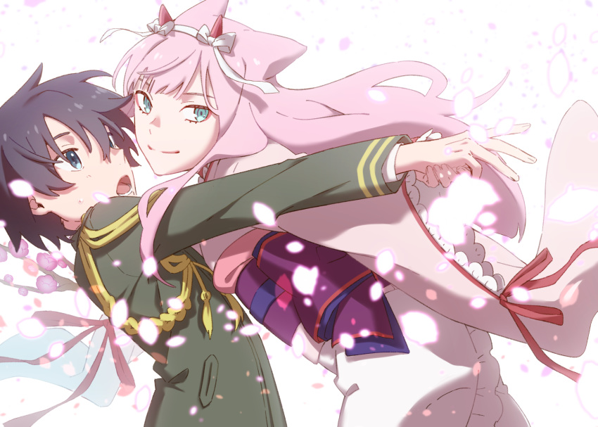 1girl agemaki_kei agemaki_kei_(cosplay) bangs black_hair blue_eyes commentary_request cosplay couple crossover darling_in_the_franxx double_horizontal_stripe gold_trim green_eyes hair_ornament hetero highres hiro_(darling_in_the_franxx) holding_hands horns japanese_clothes kimono leje39 long_hair long_sleeves looking_at_another looking_at_viewer military military_uniform obi oni_horns open_mouth otome_youkai_zakuro petals pink_hair pink_kimono red_horns sash sweatdrop teeth tied_hair uniform zakuro_(otome_youkai_zakuro) zakuro_(otome_youkai_zakuro)_(cosplay) zero_two_(darling_in_the_franxx)