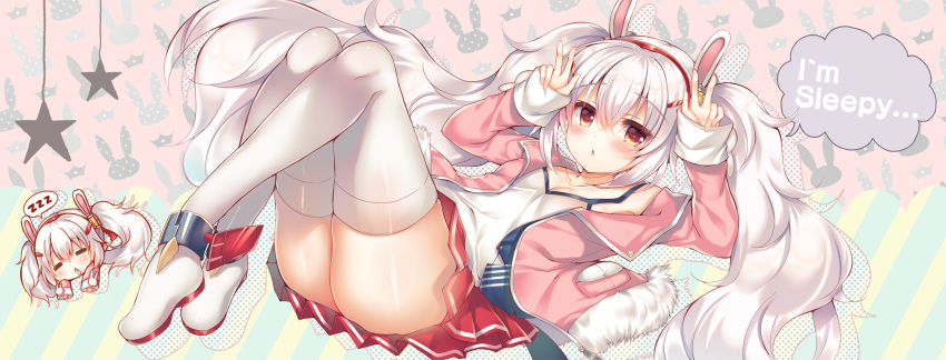 :&lt; =_= animal_ears armpit_peek ass azur_lane bangs blush breasts brown_eyes bunny_background bunny_ears camisole chestnut_mouth chibi chibi_inset cleavage closed_eyes collarbone commentary_request crossed_bangs diagonal-striped_background diagonal_stripes double_w drooling english eyebrows_visible_through_hair fake_animal_ears full_body fur-trimmed_jacket fur_trim hair_between_eyes hair_ornament hairband hairclip highres jacket knees_together_feet_apart laffey_(azur_lane) legs long_hair long_sleeves looking_at_viewer lying miniskirt multiple_views on_back open_clothes open_jacket pink_background pink_jacket pleated_skirt red_hairband red_skirt saliva shiny shiny_clothes shiny_hair shiny_skin shoes sidelocks silver_hair skirt sleeping small_breasts speech_bubble spoken_zzz star striped striped_background suzune_rena talking thighhighs thighs triangle_mouth twintails very_long_hair w white_camisole white_footwear white_legwear