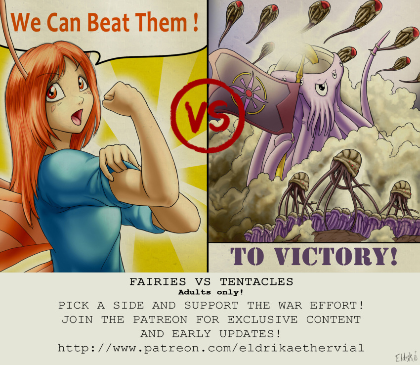 advertisement bobbydando clothing colored comic duo fairies_vs_tentacles hair humanoid long_hair nihallaks_(species) not_furry patreon rosie_the_riveter tentacle_monster tentacles wings