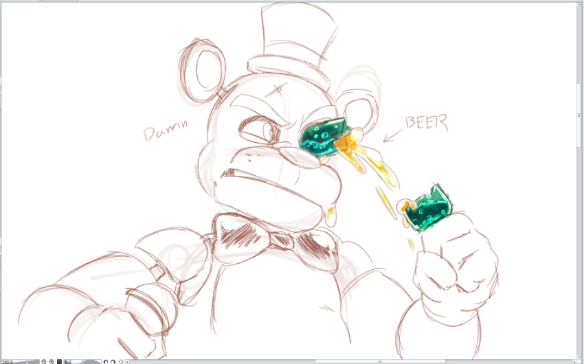 alcohol angry animatronic bear beer beverage blubot five_nights_at_freddy's freddy_(fnaf) hat machine mammal robot screencap sketch solo top_hat upscale video_games