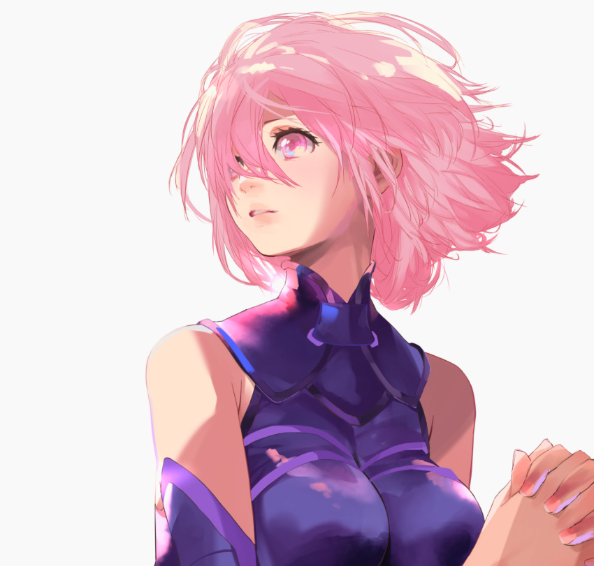 1girl armor armored_dress bare_shoulders breasts clenched_hands dress elbow_gloves fate/grand_order fate_(series) gloves hair_lift hair_over_one_eye hands_clasped highres kiriyama large_breasts looking_to_the_side mash_kyrielight own_hands_together parted_lips pink_eyes pink_hair purple_dress shirt short_hair sleeveless sleeveless_shirt