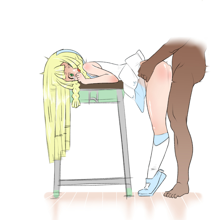 1boy 1girl bare_shoulders barefoot bent_over blonde_hair blue_footwear blush braid clothed_female_nude_male clothed_sex dark_skin dark_skinned_male desk dress dress_lift from_side full_body green_eyes hetero highres kneehighs lillie_(pokemon) long_hair looking_at_viewer nemimini no_panties open_mouth pokemon pokemon_(game) pokemon_sm school_desk sex shiny shiny_hair shiny_skin shoes simple_background sleeveless sleeveless_dress small_breasts tears tied_hair twin_braids vaginal white_background white_dress white_legwear