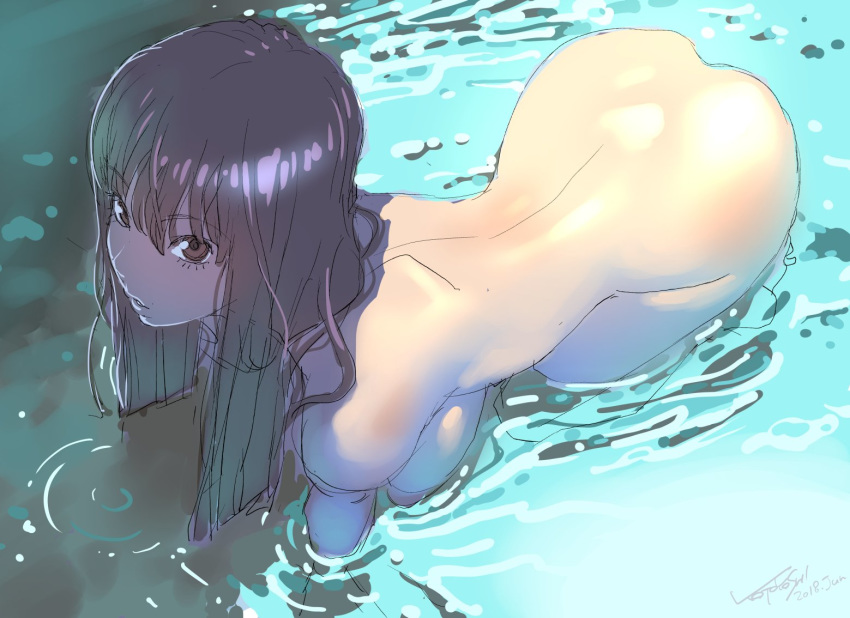 all_fours ass breasts brown_eyes commentary_request contrast dated hanging_breasts kotoyoshi_yumisuke large_breasts long_hair looking_up nude original parted_lips partially_submerged purple_hair signature sketch solo water