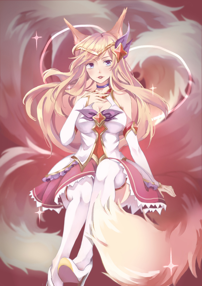 1girl ahri alternate_costume alternate_eye_color alternate_hair_color animal_ears breasts choker cleavage detached_sleeves fox_ears fox_tail hair_ornament hairband high_heels league_of_legends legs lipstick long_hair long_legs magical_girl multiple_tails peach_hair skirt star_guardian_ahri stiletto_heels tail thighhighs thighs white_legwear