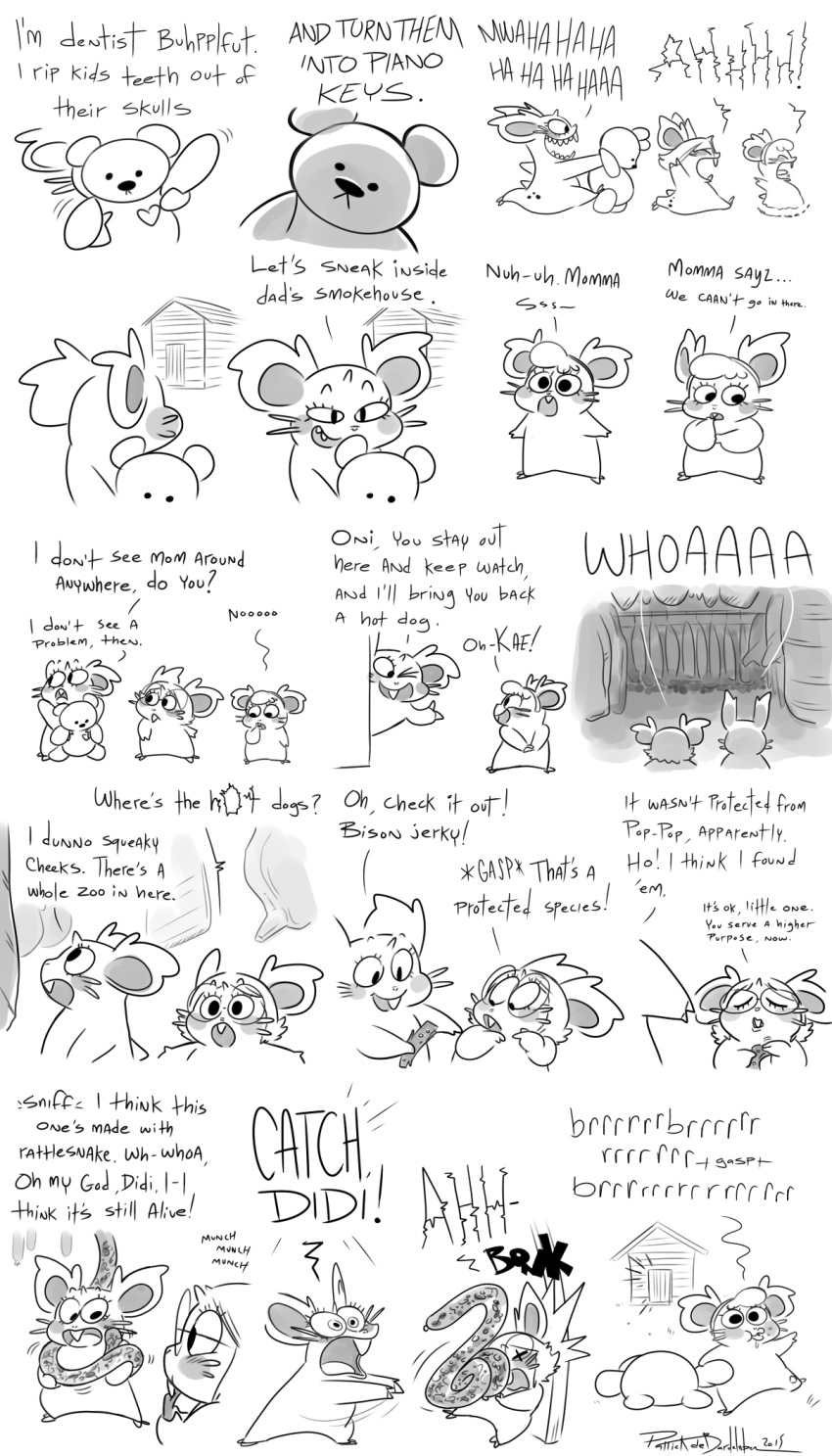 aquabunny buckteeth comic cute dialogue didi english_text eyewear female glasses group hi_res monochrome nidoran nidoran♀ nidorina nini nintendo oni_(aquabunny) pok&eacute;mon pok&eacute;mon_(species) rattlesnake reptile scalie sibling sisters snake teddy_bear teeth text video_games