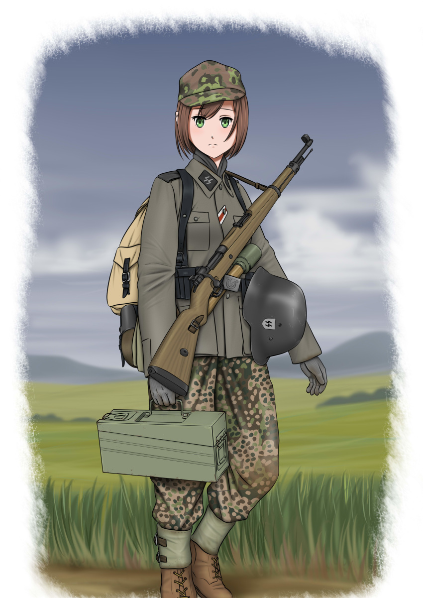 absurdres backpack bag bolt_action brown_hair camouflage commentary english_commentary explosive germany gloves grass green_eyes grenade gun hat headwear_removed helmet helmet_removed highres looking_at_viewer mauser_98 military military_hat military_uniform millimeter original outdoors rifle short_hair solo ss_insignia stahlhelm stielhandgranate uniform weapon world_war_ii