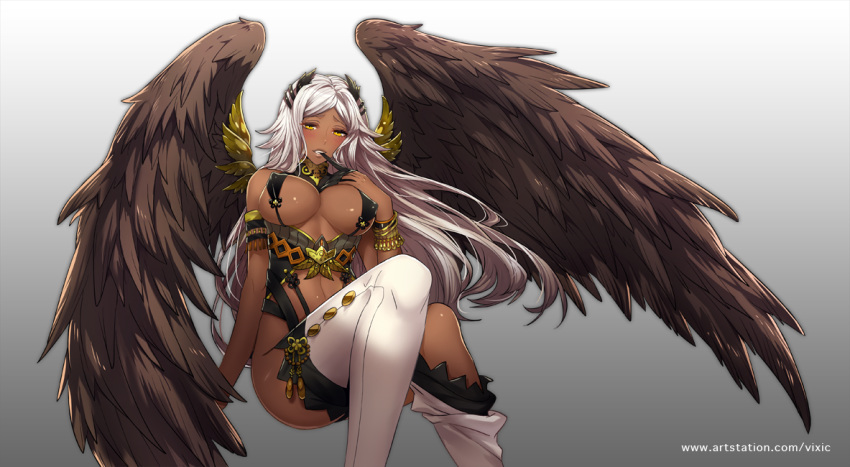 bracelet breasts commentary_request covered_nipples dark_skin gold_trim gradient gradient_background hair_ornament jewelry large_breasts long_hair looking_at_viewer navel official_art seikon_gensou simple_background sitting teeth_hold thighhighs very_long_hair vixi_c watermark web_address white_hair white_legwear wings yellow_eyes