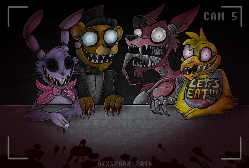 2014 a7xsparx animatronic anthro avian bear bird blood bonnie_(fnaf) canine chica_(fnaf) chicken digital_media_(artwork) eye_patch eyewear five_nights_at_freddy's fox foxy_(fnaf) freddy_(fnaf) group hook lagomorph machine mammal rabbit robot video_games