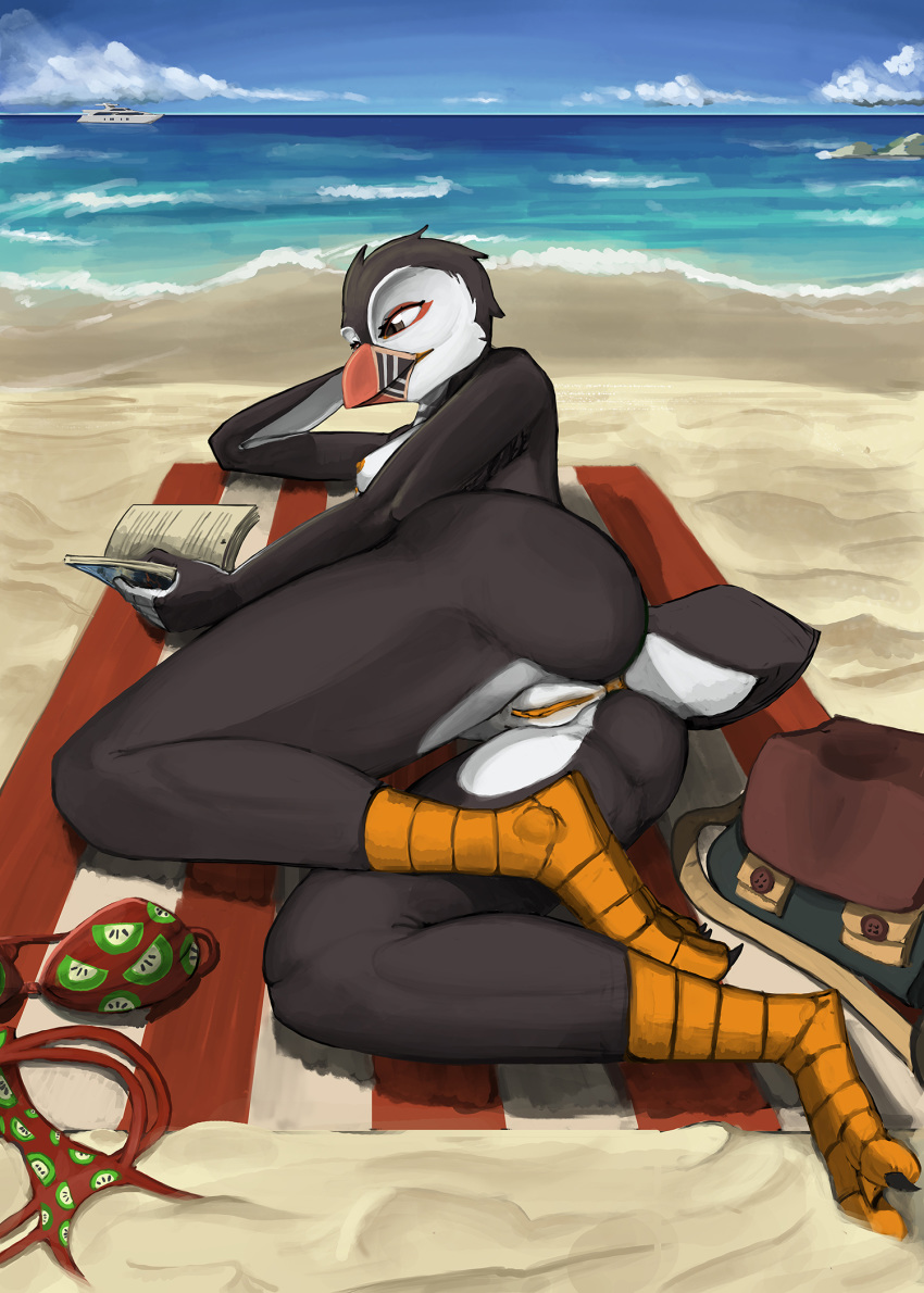 2018 anthro avian beach beak bird breasts butt casual_nudity clothing detailed_background digital_drawing_(artwork) digital_media_(artwork) discarded_clothing female fingerprint_(artist) lying nipples nude on_side outside pearl_(boolean) puffin pussy reading seaside sky solo swimsuit water