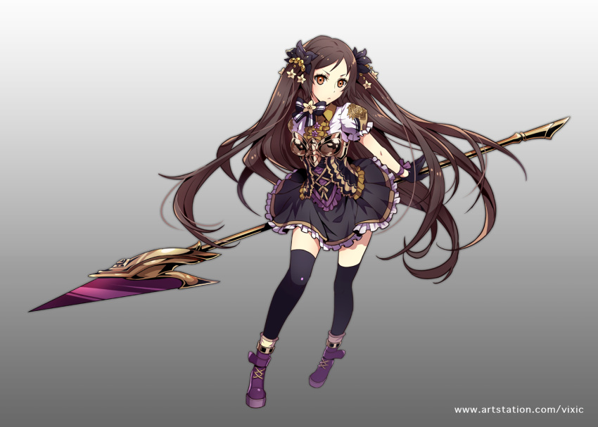 armor boots bow brown_hair dress gloves goth-loli gradient lolita_fashion long_hair orange_eyes spear thighhighs twintails vixi_c waifu2x watermark weapon zettai_ryouiki