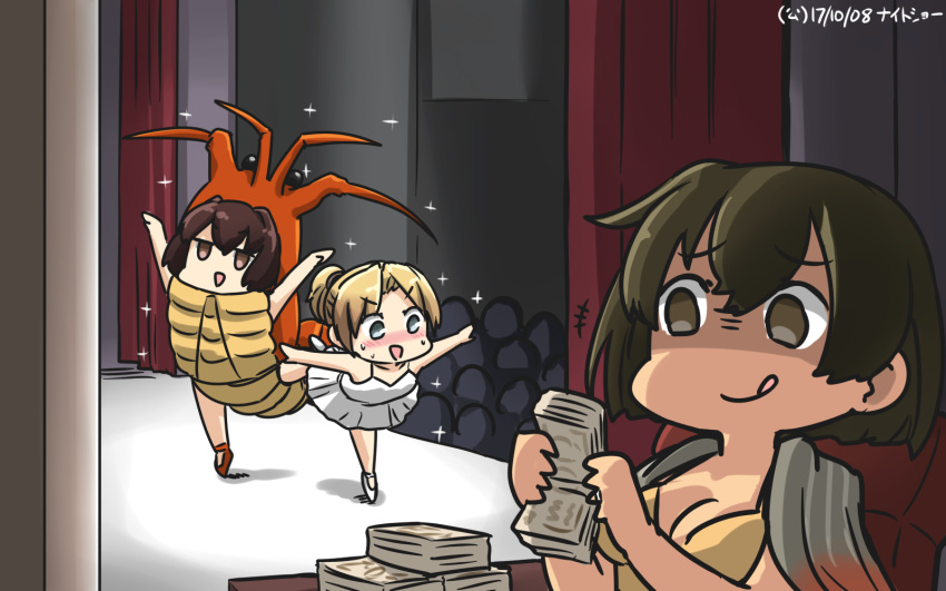 3girls :d :q blonde_hair blue_eyes blush brown_eyes brown_hair commentary_request counting_money dancing dated hamu_koutarou highres hiryuu_(kantai_collection) ise_(kantai_collection) jewelry kantai_collection lobster_costume maikaze_(kantai_collection) money multiple_girls nose_blush open_mouth ponytail ring shaded_face smile sparkle stage standing standing_on_one_leg tiptoes tongue tongue_out tutu v-shaped_eyebrows wedding_band