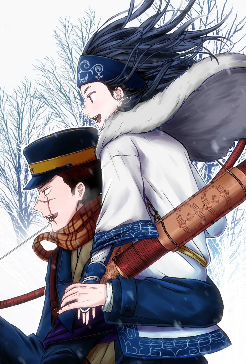 1girl ainu ainu_clothes asirpa bandana bare_tree black_hair blue_eyes bow_(weapon) brown_eyes brown_hair cape carrying coat commentary_request dagger earrings facial_scar fingerless_gloves fur_cape gloves golden_kamuy hat highres hoop_earrings jewelry lifting_person long_hair long_sleeves military_hat open_mouth outdoors profile quiver rockwell_eyes scabbard scar scarf sheath sheathed short_hair snow sugimoto_saichi tree weapon wide_sleeves wind winter winter_clothes