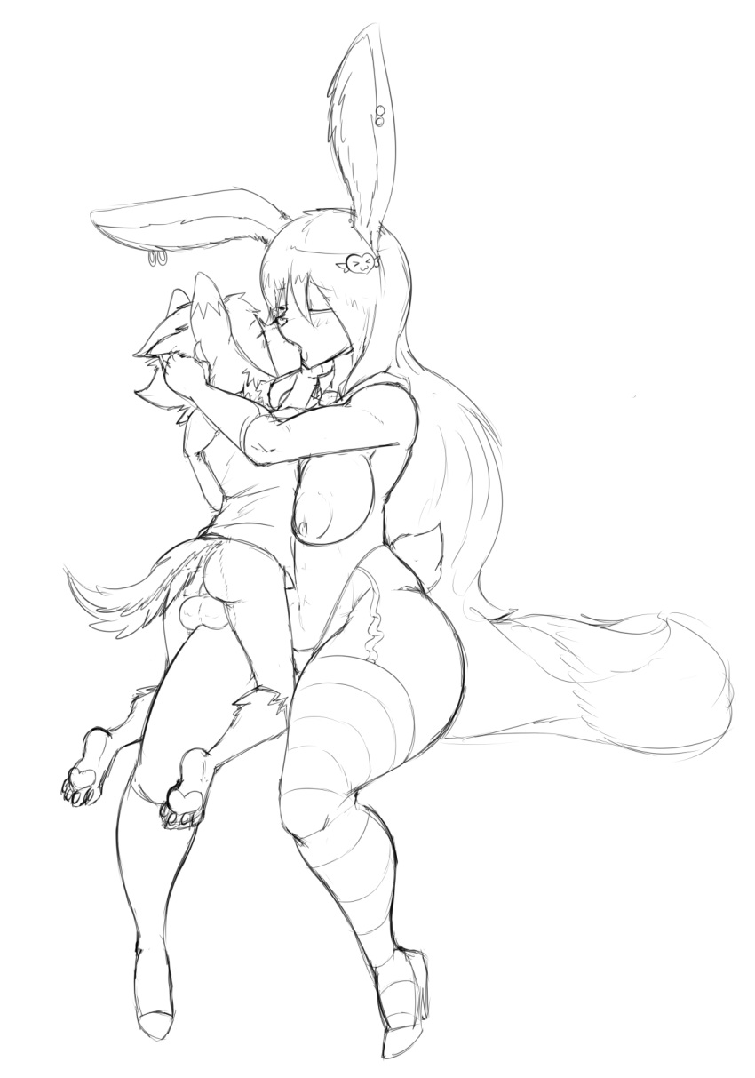 anthro balls big_breasts breasts canine clothing dog duke_(thecon) embrace female hair huge_breasts kissing lagomorph legwear long_hair lully_pop male male/female mammal rabbit stockings straddling thecon thick_thighs thong
