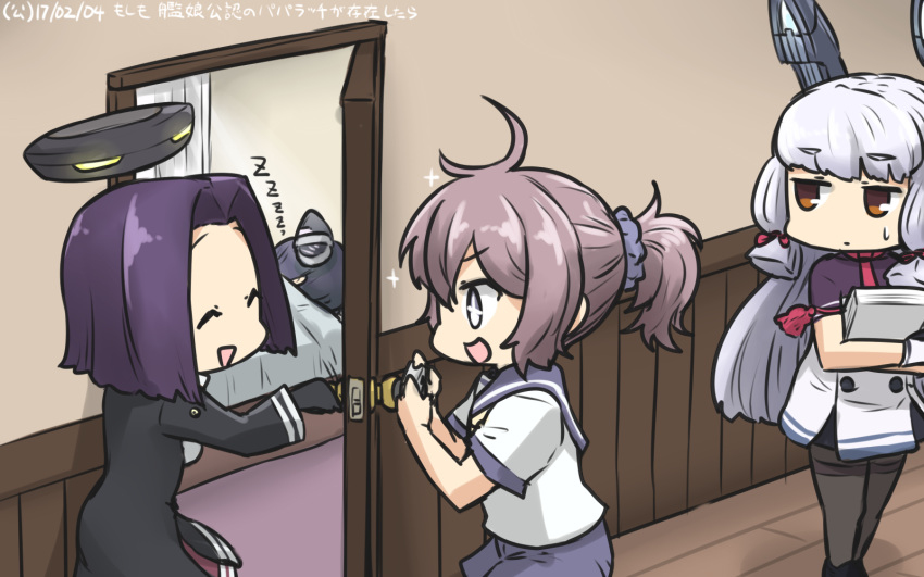 aoba_(kantai_collection) bangs black_gloves blunt_bangs camera commentary_request dated door dress gloves hair_ribbon hallway hamu_koutarou headgear highres kantai_collection mechanical_halo multiple_girls murakumo_(kantai_collection) pantyhose paper_stack purple_hair remodel_(kantai_collection) ribbon sailor_dress school_uniform serafuku short_eyebrows single-lens_reflex_camera sleeping sparkle sparkling_eyes sweatdrop tatsuta_(kantai_collection) tenryuu_(kantai_collection) thighband_pantyhose tress_ribbon white_gloves zzz