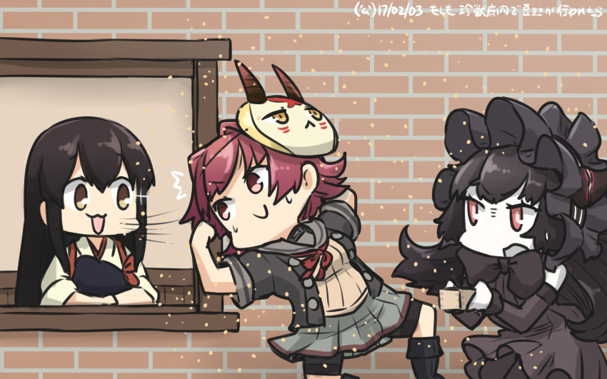 3girls akagi_(kantai_collection) black_hair bonnet breasts brick_wall brown_eyes brown_hair character_mask commentary fate/grand_order fate_(series) gothic_lolita hair_between_eyes hamu_koutarou highres horns ibaraki_douji_(fate/grand_order) isolated_island_oni kantai_collection kinu_(kantai_collection) lolita_fashion long_hair looking_at_another mask multiple_girls muneate open_mouth outdoors pale_skin pink_eyes pink_hair pleated_skirt red_eyes remodel_(kantai_collection) school_uniform serafuku setsubun shinkaisei-kan short_hair skirt small_breasts straight_hair very_long_hair wavy_mouth window