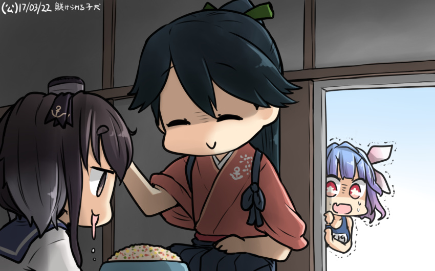 black_hair blue_hair bowl commentary dated dress drooling gradient_hair hakama hamu_koutarou headgear high_ponytail highres houshou_(kantai_collection) i-19_(kantai_collection) japanese_clothes kantai_collection multicolored_hair multiple_girls name_tag pet_bowl sailor_collar sailor_dress school_swimsuit shaded_face short_hair_with_long_locks sidelocks star star-shaped_pupils sweat swimsuit symbol-shaped_pupils tasuki tokitsukaze_(kantai_collection) trembling tri_tails