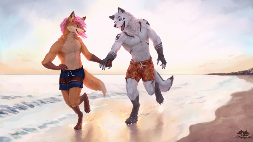 anthro canine clothed clothing duo fox fur hair hand_holding happy love male male/male mammal muscular muscular_male open_mouth running smile swimming_trunks swimsuit topless zephyxus