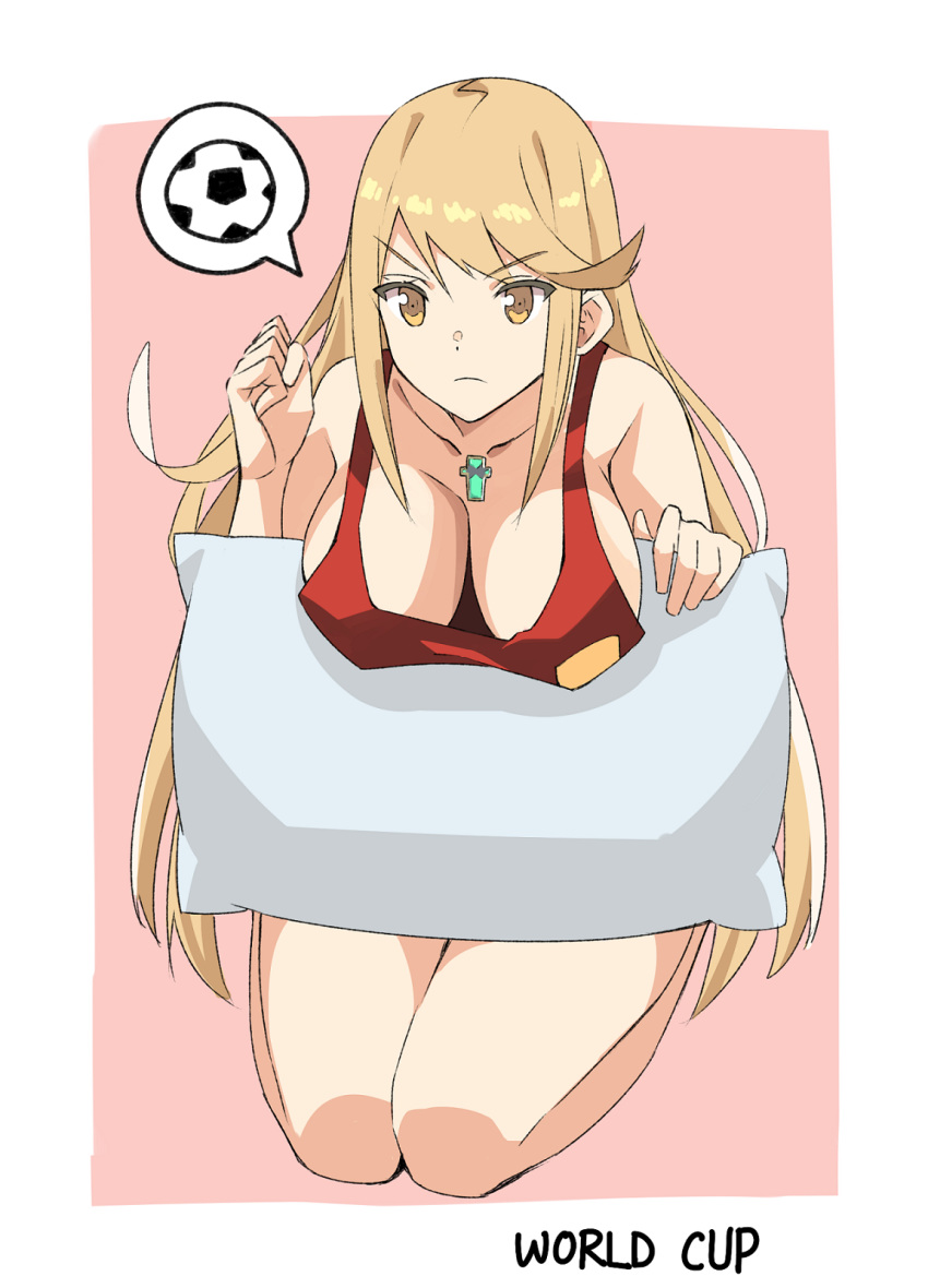 2018_fifa_world_cup ball bangs bare_shoulders blonde_hair breasts cleavage collarbone commentary half-closed_eyes highres hikari_(xenoblade_2) j@ck kneeling large_breasts long_hair pillow soccer soccer_ball swept_bangs tank_top thought_bubble very_long_hair world_cup xenoblade_(series) xenoblade_2