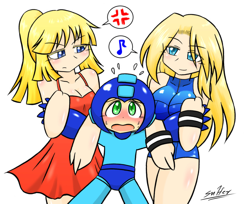 1boy 2girls android anger_vein angry arm_holding artist_name bangs bare_arms blonde_hair blue_eyes blue_gloves blush breasts cleavage closed_mouth crossover embarrassed eyebrows_visible_through_hair gloves green_eyes helmet holding_another's_arm large_breasts long_hair metroid multiple_girls musical_note older rockman rockman_(character) rockman_(classic) roll samus_aran signature smile speech_bubble spoken_anger_vein sulfer white_background