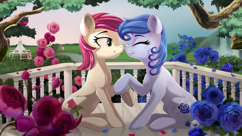 2018 absurd_res blue_hair cute cutie_mark detailed_background duo earth_pony equine eyebrows eyelashes eyes_closed fan_character female female/female feral flower friendship_is_magic gazebo green_eyes hair happy hi_res hooves horse leaves love mammal my_little_pony nude outside pink_hair plant pony railing raised_leg raylanda rose rose_(mlp) shadow side_view sitting sky smile taneysha touching_noses tree tree_branch underhoof