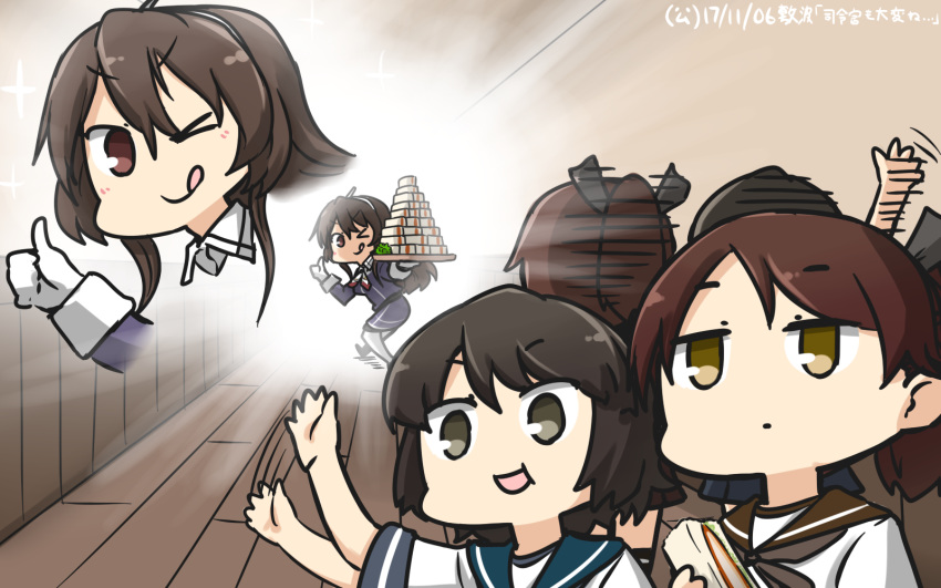 &gt;_o :q ashigara_(kantai_collection) brown_eyes brown_hair commentary dated food hamu_koutarou highres jitome kantai_collection light_brown_eyes long_hair miyuki_(kantai_collection) multiple_girls one_eye_closed remodel_(kantai_collection) sailor_collar sandwich school_uniform serafuku shikinami_(kantai_collection) tongue tongue_out v-shaped_eyebrows waving