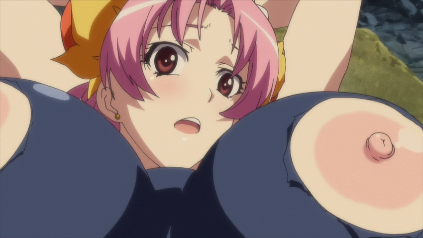 1boy 1girl animated animated_gif areolae blush breasts brush fujiomi_taisuku hoods_entertainment huge_breasts large_areolae large_nipples nipple_rub nipples oil pink_hair red_eyes seikon_no_qwaser swimsuit torn_clothes tsujidou_miyuri uno_makoto