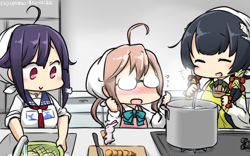 :d ^_^ ahoge apron black_hair blush bunny carrot closed_eyes commentary cooking dated flying_sweatdrops fogged_glasses glasses hair_tubes hamu_koutarou head_scarf highres kantai_collection kitchen knife long_hair makigumo_(kantai_collection) mizuho_(kantai_collection) multiple_girls neckerchief opaque_glasses open_mouth pink_hair pot sidelocks sink sleeves_past_wrists smile taigei_(kantai_collection) twintails very_long_hair