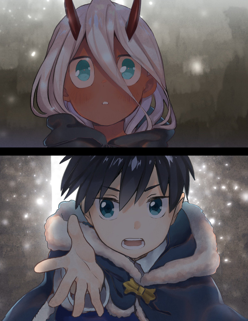 1girl bandages bangs black_cloak black_hair blue_eyes bomhat cloak coat commentary couple darling_in_the_franxx english_commentary eyebrows_visible_through_hair eyes_visible_through_hair fur_trim green_eyes grey_coat hetero highres hiro_(darling_in_the_franxx) hood hooded_cloak horns long_hair oni_horns parka pink_hair red_horns red_pupils red_sclera red_skin winter_clothes winter_coat younger zero_two_(darling_in_the_franxx)