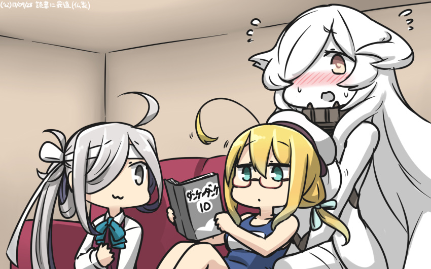 :3 ahoge aqua_neckwear asashimo_(kantai_collection) blonde_hair blue_eyes book bow bowtie brown_eyes commentary_request dated dress flying_sweatdrops french_battleship_hime glasses hair_over_one_eye hamu_koutarou hat highres holding holding_book huge_ahoge i-8_(kantai_collection) kantai_collection long_hair long_sleeves low_twintails multiple_girls name_tag purple_dress reading red-framed_eyewear sailor_hat school_swimsuit shinkaisei-kan shirt silver_eyes silver_hair sleeveless sleeveless_dress swimsuit twintails white_hair white_hat white_shirt