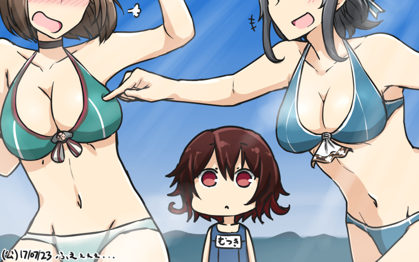 3girls bikini black_hair blush breast_envy breast_poke breasts brown_hair commentary dated empty_eyes hamu_koutarou highres kantai_collection maya_(kantai_collection) multiple_girls mutsuki_(kantai_collection) poking red_hair remodel_(kantai_collection) school_swimsuit short_hair swimsuit takao_(kantai_collection) visible_air