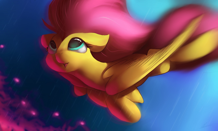 2018 absurd_res auroriia cute edit equine eyelashes feathered_wings feathers female feral floppy_ears fluttershy_(mlp) flying friendship_is_magic hair hi_res hooves long_hair looking_up mammal my_little_pony nude open_mouth open_smile outside pegasus pink_hair portrait raining sky smile solo teal_eyes tongue water wings yellow_feathers