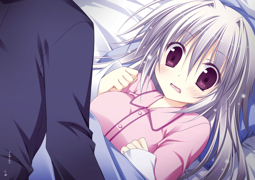 bed blush gray_hair iris_freyja juuoumujin_no_fafnir korie_riko long_hair male pajamas purple_eyes