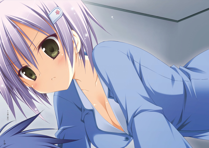 blush breasts firill_crest green_eyes juuoumujin_no_fafnir korie_riko no_bra pajamas purple_hair short_hair