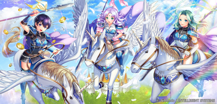 armor bangs belt blue_hair breastplate castle circlet closed_mouth cloud cloudy_sky commentary_request company_connection copyright_name day dress elbow_gloves farina_(fire_emblem) feathered_wings feathers fiora fire_emblem fire_emblem:_rekka_no_ken fire_emblem_cipher florina gloves gold green_eyes headband highres holding holding_weapon horn lavender_hair long_hair looking_at_viewer matsurika_youko multiple_girls official_art open_mouth outdoors pegasus_knight polearm purple_eyes rainbow shiny short_dress short_hair short_sleeves shoulder_armor shoulder_pads siblings sisters sky smile spear sunlight thighhighs weapon wings zettai_ryouiki
