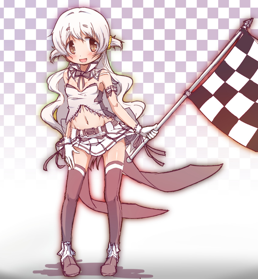 absurdres blush breasts brown_eyes checkered checkered_background cleavage groin highres looking_at_viewer mahou_shoujo_madoka_magica mahou_shoujo_madoka_magica_movie midriff momoe_nagisa navel open_mouth race_queen skirt small_breasts smile solo thighhighs white_hair yanmaami