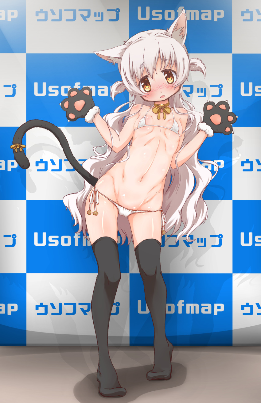 absurdres animal_ears bare_shoulders bikini black_legwear blush breasts breasts_apart cameltoe cat_ears commentary_request covered_nipples fake_animal_ears fangs full_body gloves highres long_hair looking_at_viewer mahou_shoujo_madoka_magica mahou_shoujo_madoka_magica_movie micro_bikini momoe_nagisa navel open_mouth paw_gloves paw_pose paws shiny shiny_hair shiny_skin side-tie_bikini skindentation small_breasts sofmap sofmap_background solo standing step_and_repeat swimsuit thighhighs two_side_up white_bikini white_hair yanmaami