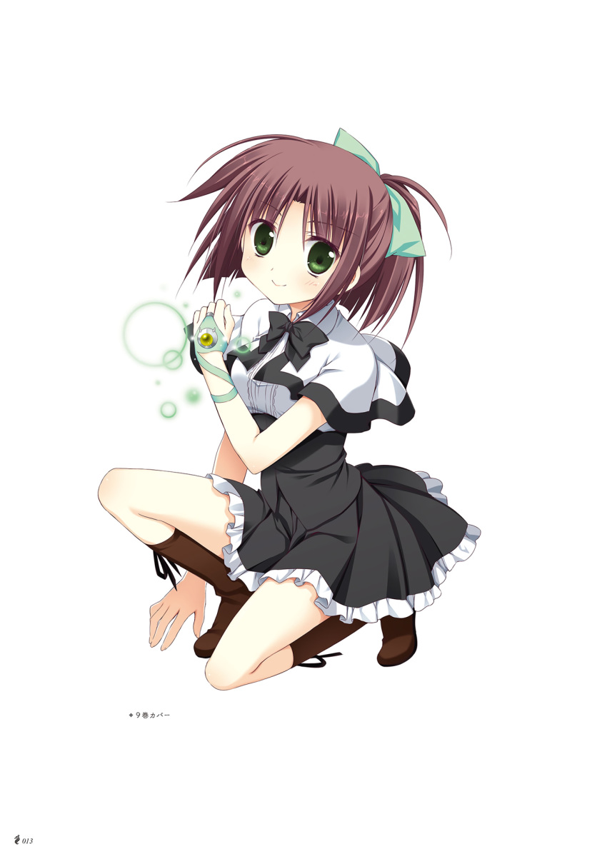 ariella_lu bangs black_bow black_skirt boots bow bowtie bridal_gauntlets brown_footwear brown_hair capelet dress_shirt eyebrows_visible_through_hair frilled_skirt frills full_body green_bow green_eyes hair_bow high-waist_skirt highres jewelry juuoumujin_no_fafnir korie_riko looking_at_viewer official_art one_knee page_number pleated_skirt ponytail ring school_uniform shirt short_hair skirt smile solo white_capelet white_shirt
